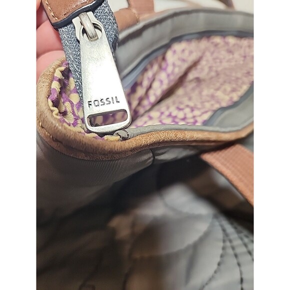 FOSSIL‎ Bag Purse Keyper Gray Quilted Womens Tote Nylon Satchel Flower Design - Picture 7 of 15